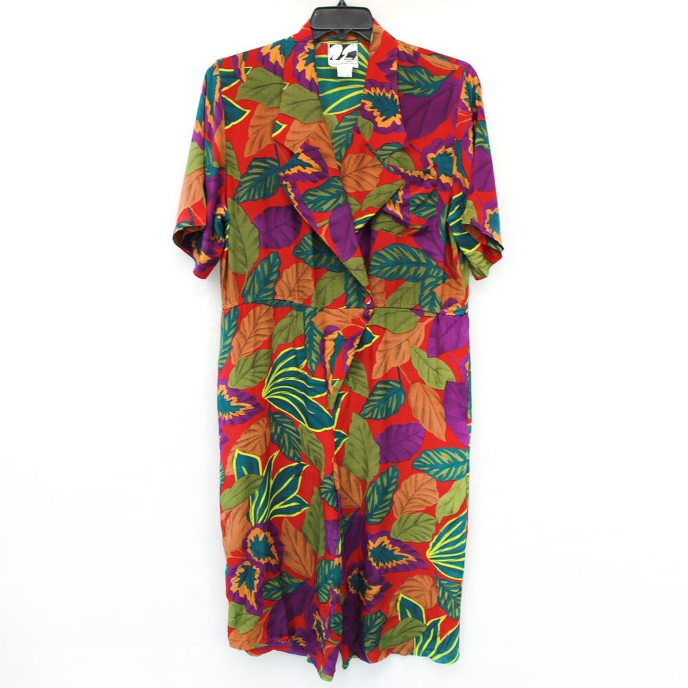 Diane Gilman designer vintage 90's 100% silk romper dress tropical print Medium